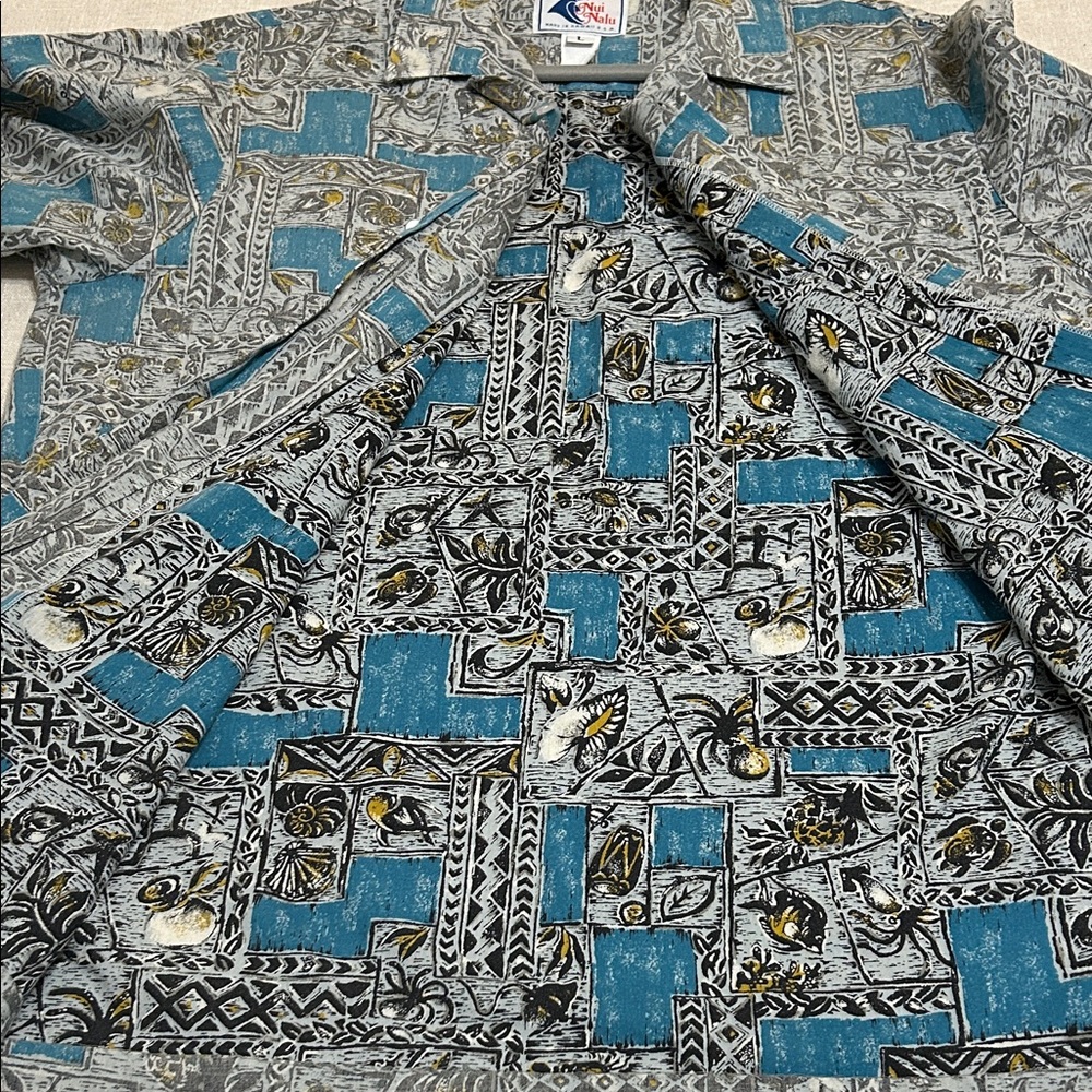 Vintage Nui Nalu Hawaiian Shirt Men's Large Teal/Gray Short-Sleeve Resort Wear - Picture 10 of 12
